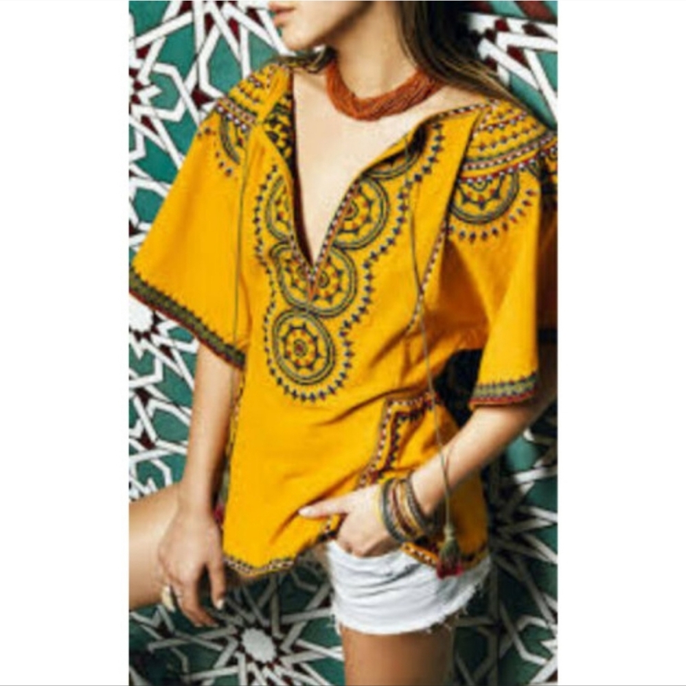 Talitha Medium Yellow Embroidered Blouse Luxury Boho Chic Handmade Top Bohemian